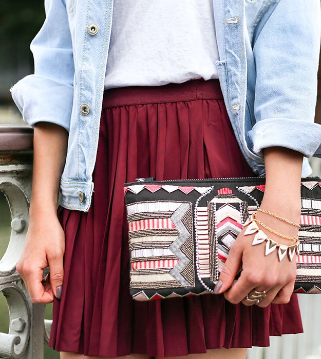 Woman wearing a burgundy skirt product-15
